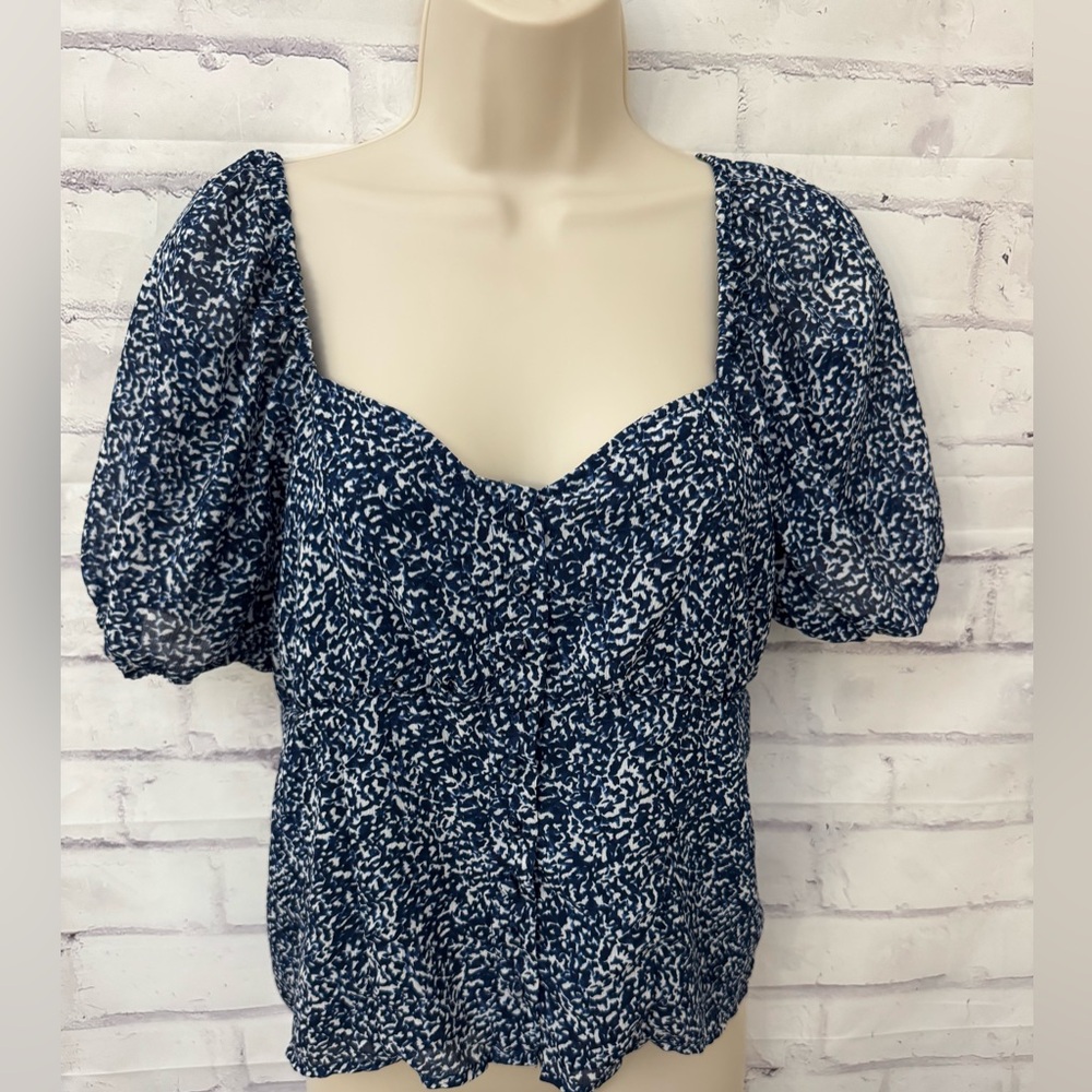 Madewell Size 4 Cropped Sweetheart Top Bengali Blockprint Puff Sleeve Fairy Blue